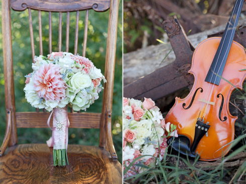 Music styled wedding from Love and Lavender: Violin besides bouquet
