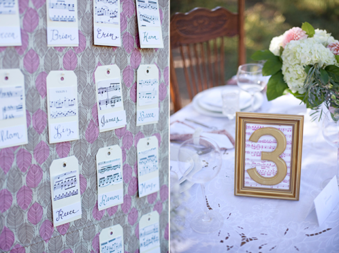 Music themed styled wedding from Love and Lavendar: Sheet music for the table numbers and the escort cards.